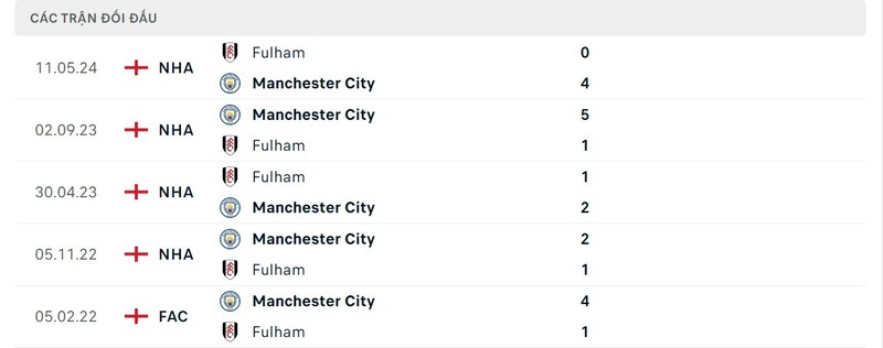 Lịch sử chạm trán Man City vs Fulham trong quá khứ